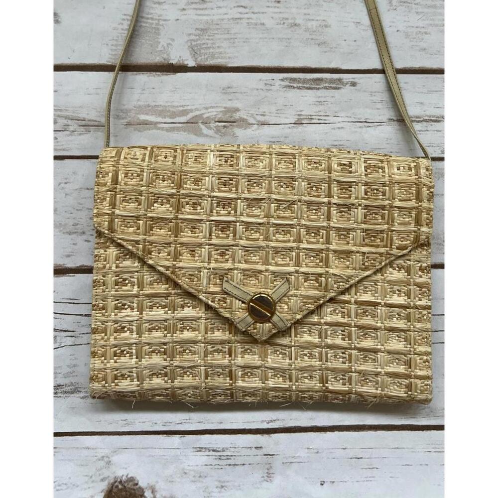 Block Crossbody Bag Beige Woven Straw Vintage 1950s Style Gold Hardware Small